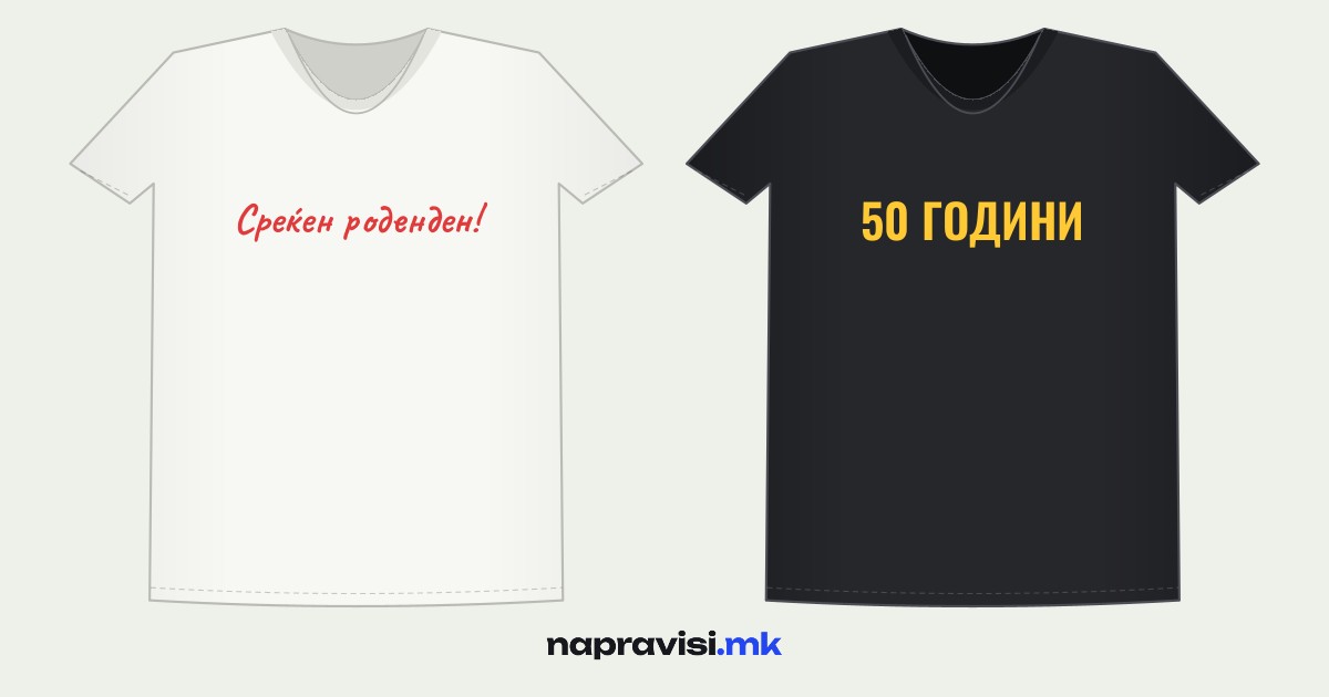 Бела маица со натпис Среќен роденден и црна маица со натпис 50 ГОДИНИ, нацртани во едиторот